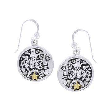 Moon Face Steampunk Silver and Gold Earrings MER1360 - Jewelry